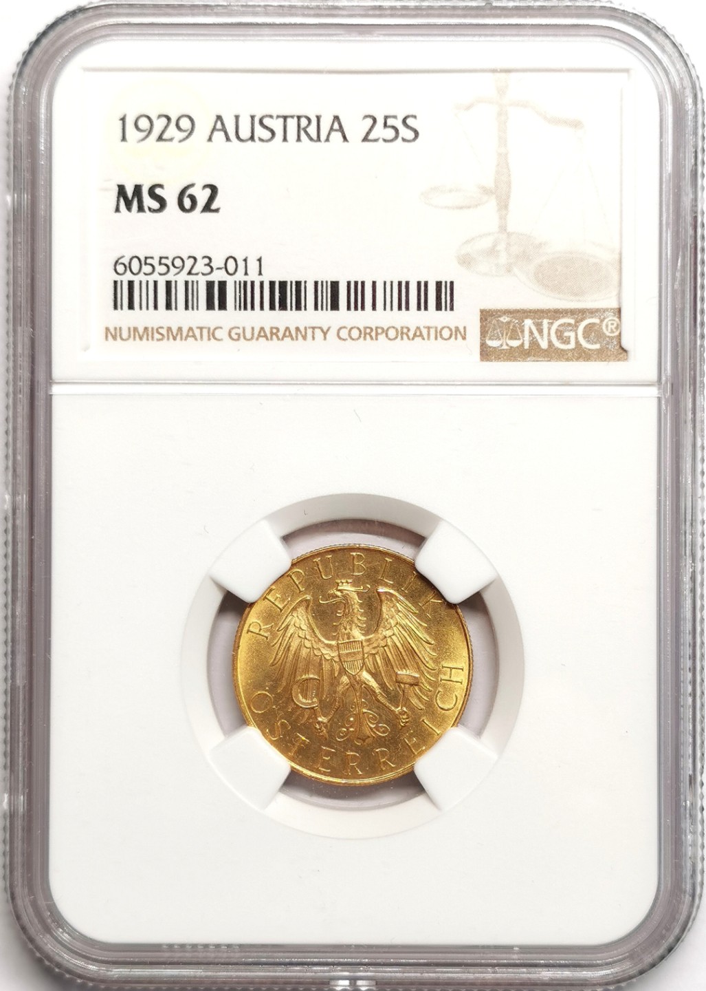 凡希社世界钱币微拍第二百三十九期 1929奥地利共和国25先令金币NGC-MS62