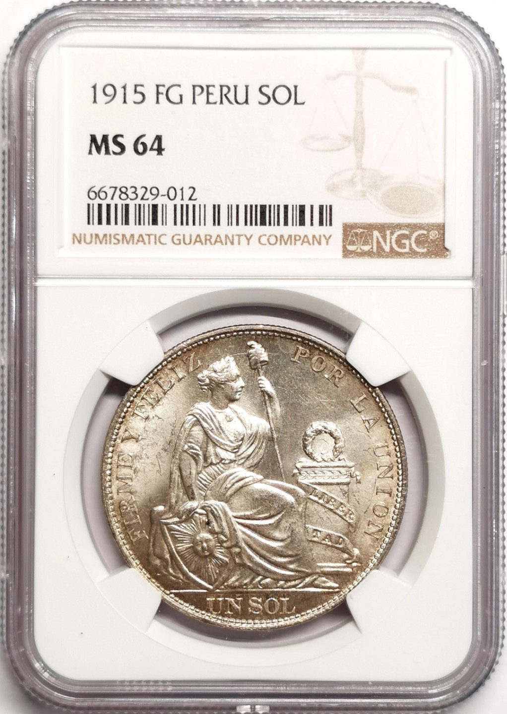 凡希社世界钱币微拍第二百三十九期 1915FG秘鲁坐人SOL大银NGC-MS64高分浅金包浆！