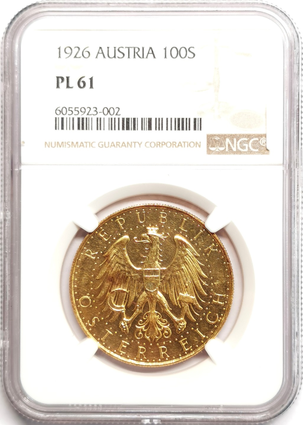 凡希社世界钱币微拍第二百三十九期 荐！1926奥地利共和国100先令金币NGC-PL61 23.53克，900金