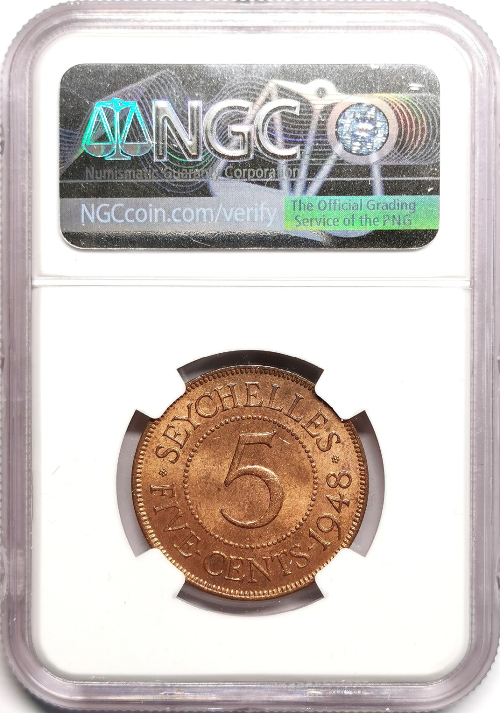 凡希社世界钱币微拍第二百三十九期 1948英属塞舌尔乔六5分铜币NGC-MS64