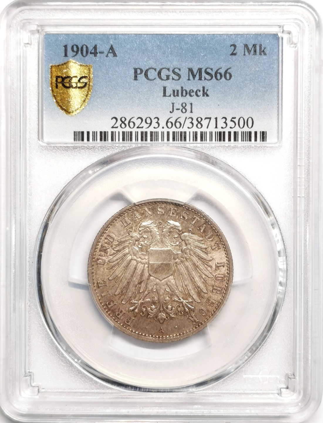 凡希社世界钱币微拍第二百三十九期 1904吕贝克自由市2马克PCGS-MS66淡紫彩！