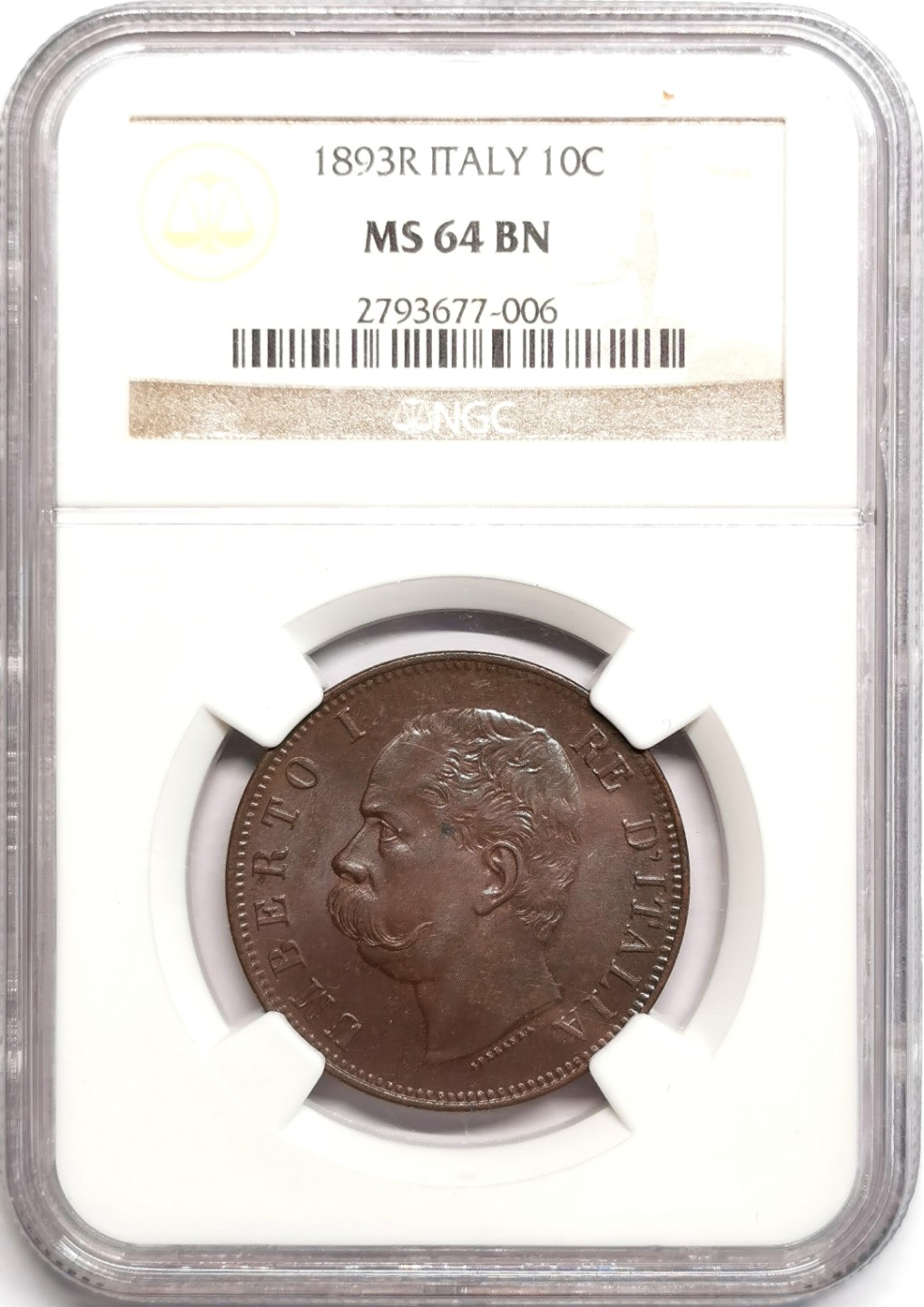 凡希社世界钱币微拍第二百三十九期 1893意大利翁贝托10分大铜NGC-MS64巧克力包浆！