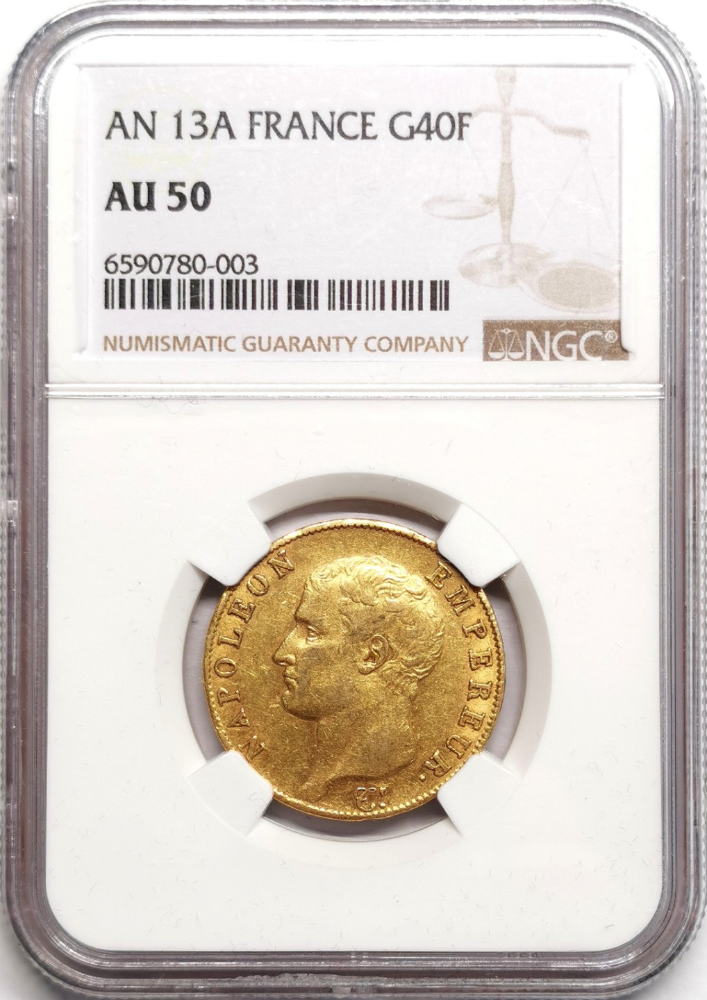 凡希社世界钱币微拍第二百三十九期 共和13年法国拿破仑皇帝免冠像40法郎金币NGC-AU50