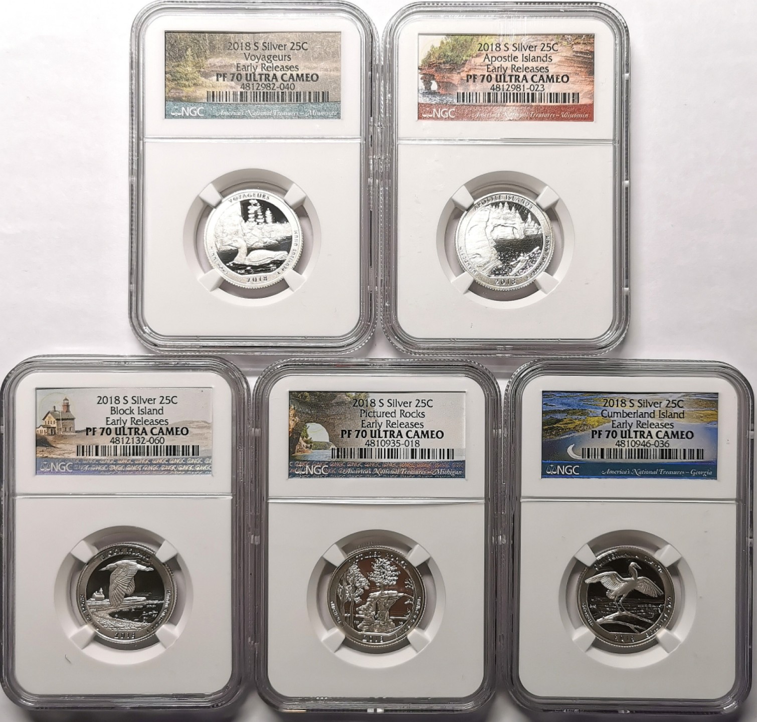 凡希社世界钱币微拍第二百三十九期 2018美国国家公园25分纪念银币五枚一组NGC-PF70UC