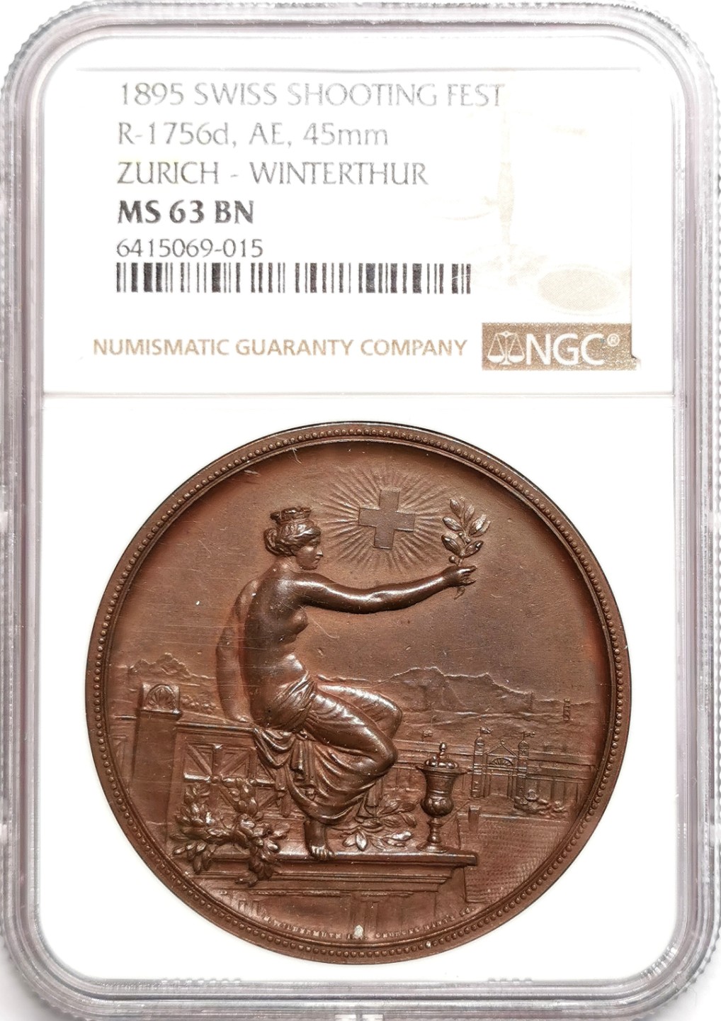 凡希社世界钱币微拍第二百三十九期 1895苏黎世-温特图尔射击节纪念铜章NGC-MS63