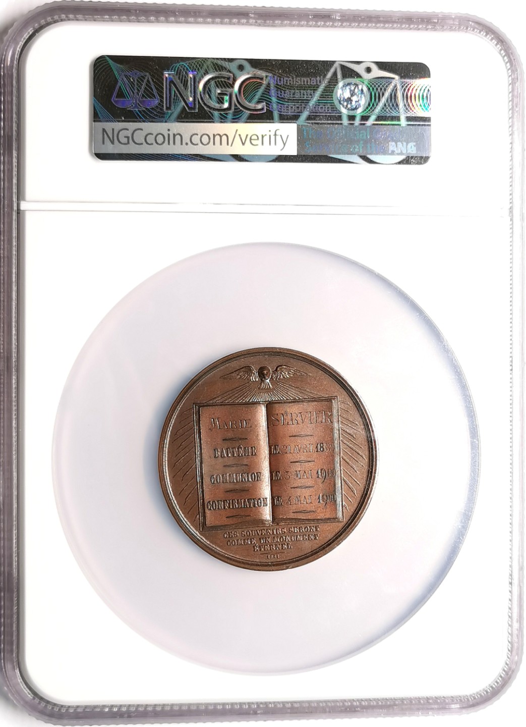 凡希社世界钱币微拍第二百三十九期 1900法国天主教坚信礼纪念大铜章NGC-MS62