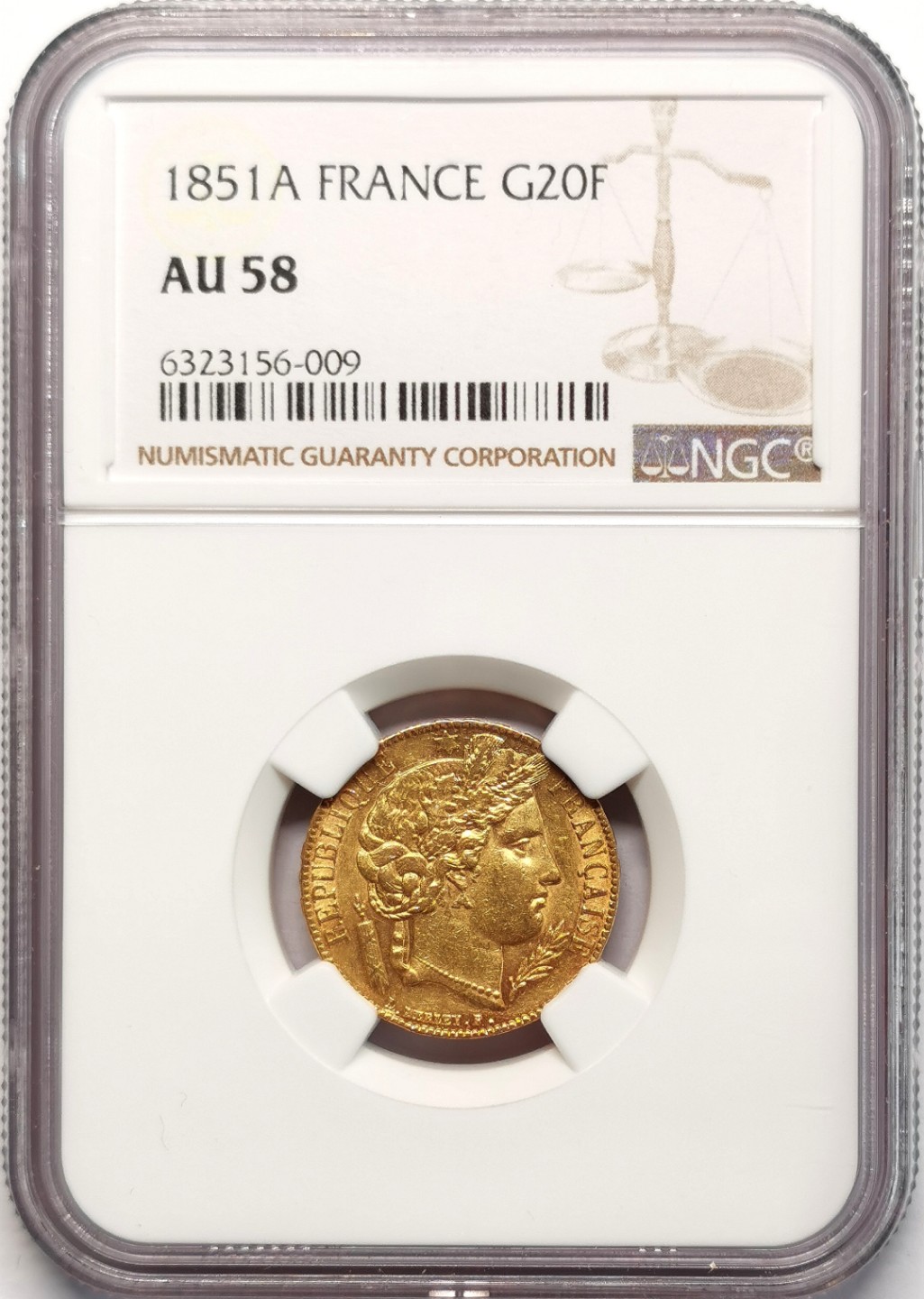 凡希社世界钱币微拍第二百三十九期 1851法国20法郎金币NGC-AU58