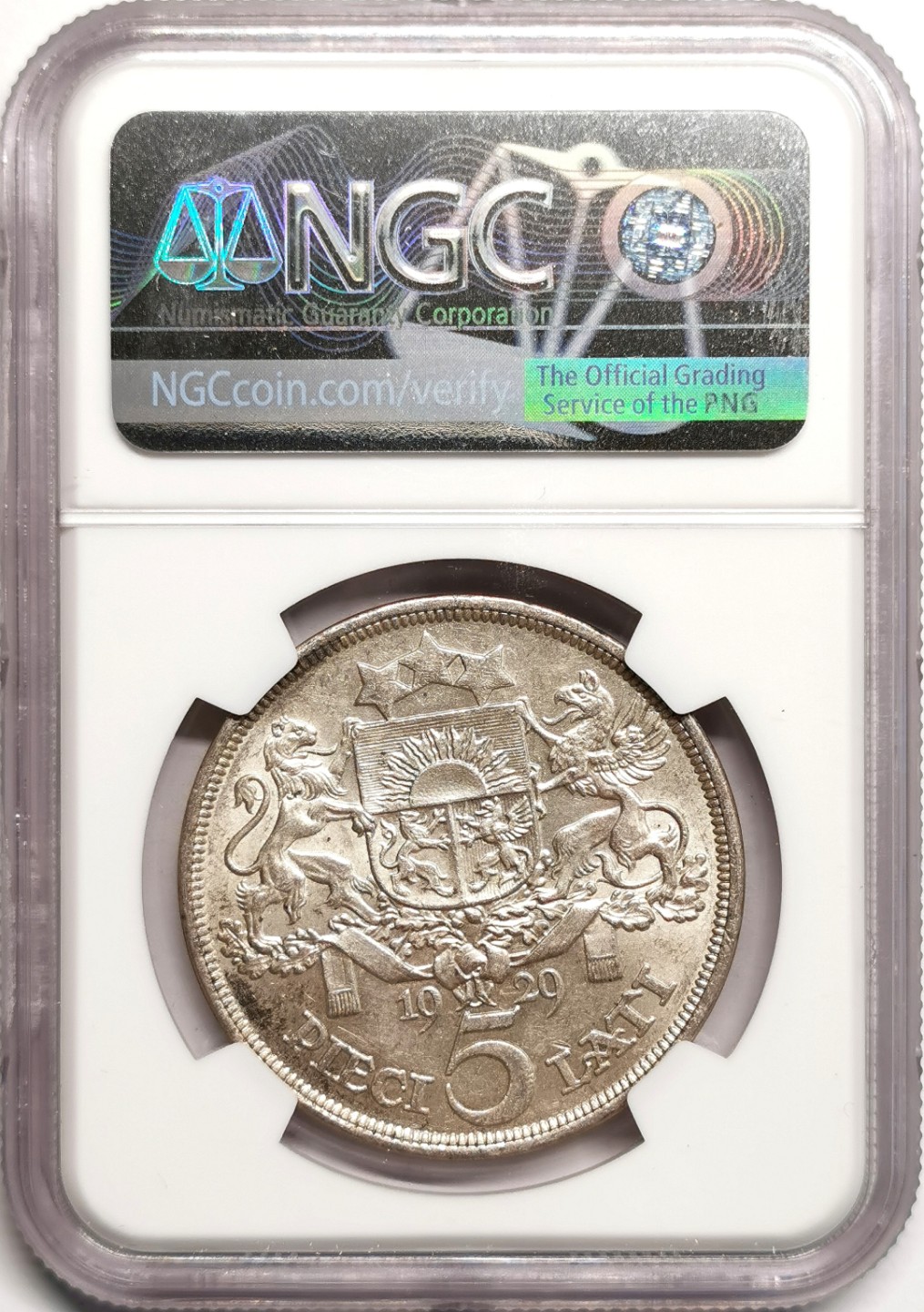 凡希社世界钱币微拍第二百三十九期 1929拉脱维亚民族少女5L大银NGC-MS62