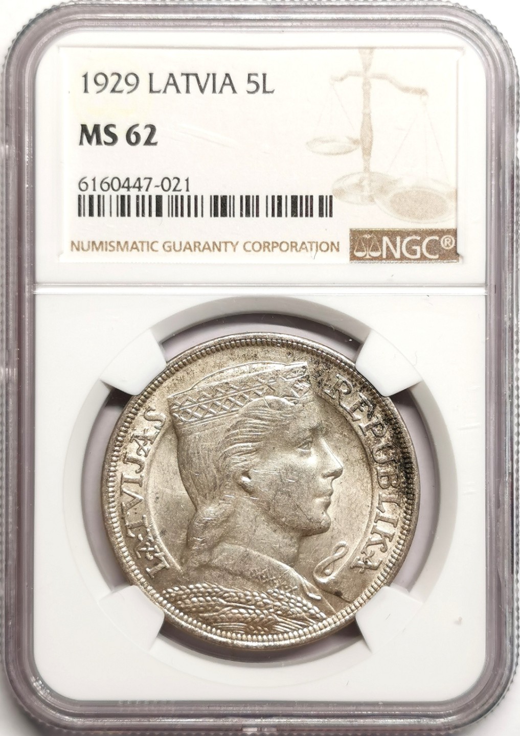 凡希社世界钱币微拍第二百三十九期 1929拉脱维亚民族少女5L大银NGC-MS62