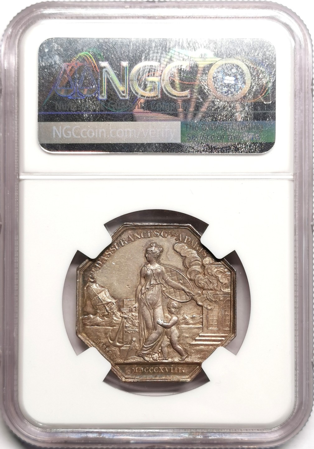 凡希社世界钱币微拍第二百三十九期 1818法国巴黎通用保险公司八角银章NGC-AU58