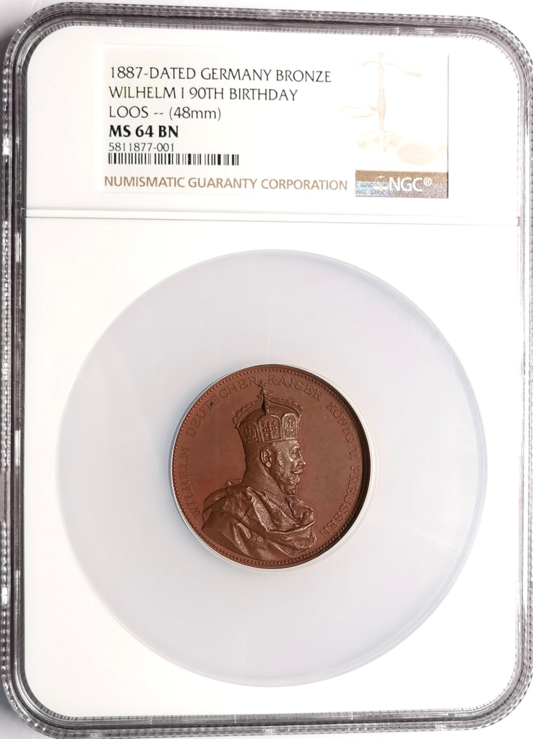 凡希社世界钱币微拍第二百三十九期 1887德国普鲁士威廉一世90寿辰纪念大铜章NGC-MS64