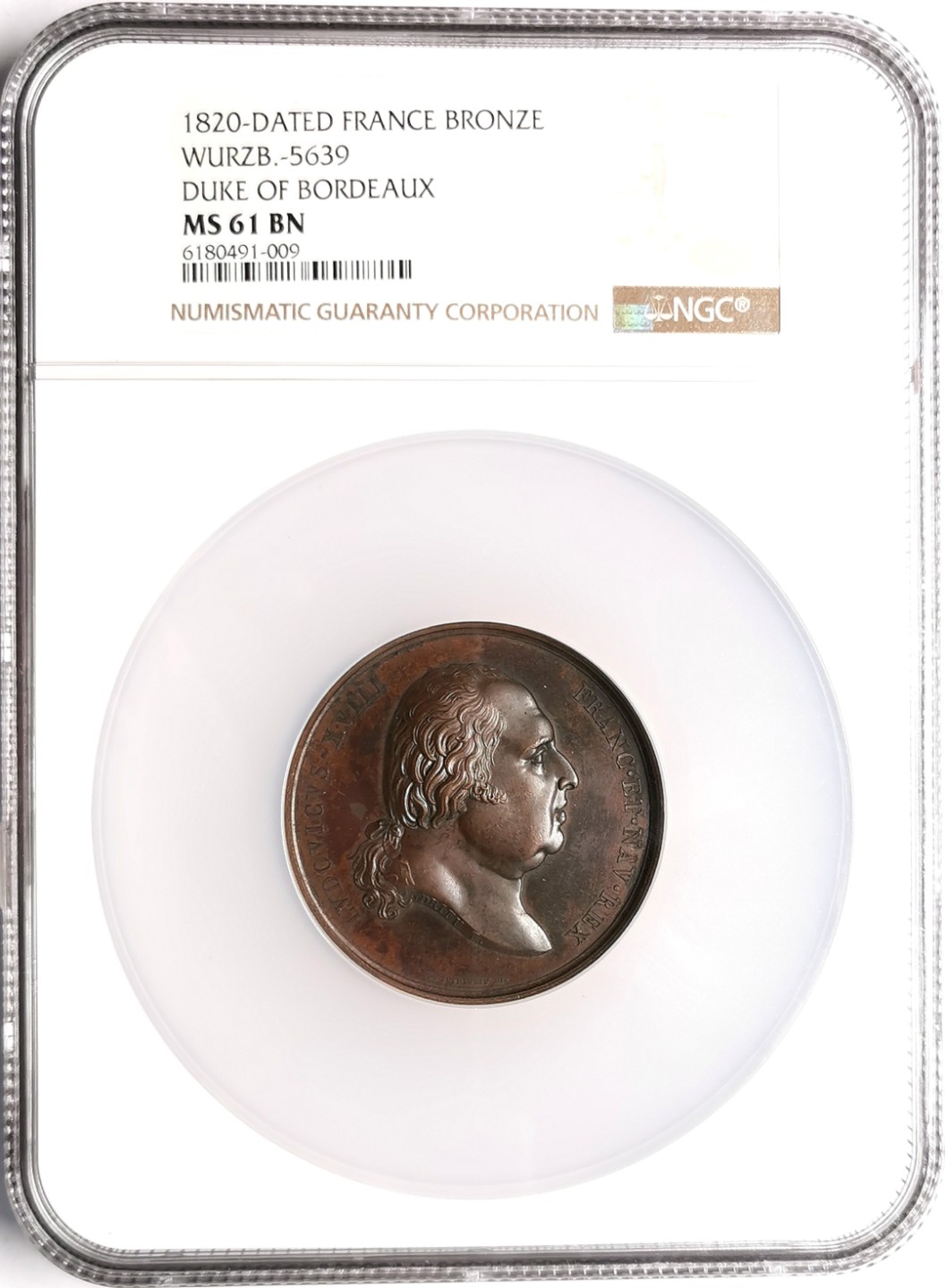 凡希社世界钱币微拍第二百三十九期 1820法国维尔茨堡波尔多公爵纪念大铜章NGC-MS61