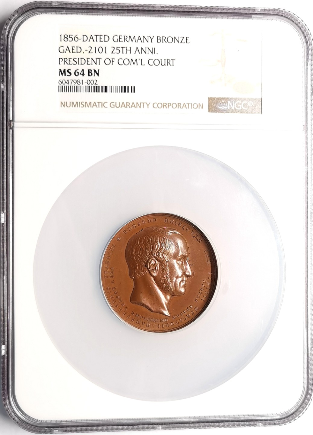 凡希社世界钱币微拍第二百三十九期 1856德国第25任最高法院主席纪念大铜章NGC-MS64