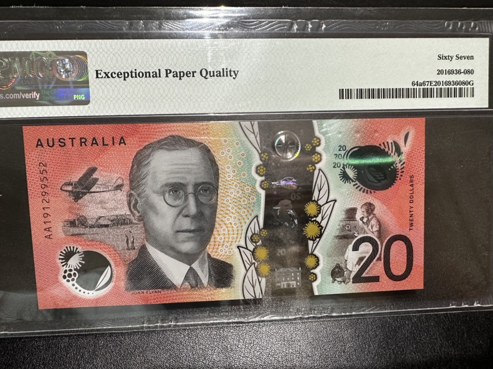《外钞收藏家》第二百六十九期 2019年澳大利亚20刀 首发AA冠 PMG67 无47