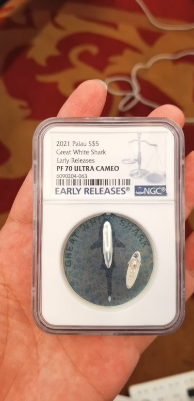 【海寧潮】获奖帕劳2021年大白鲨双面高浮雕彩银币NGC-PF70首无盒子证书非评级价格3000