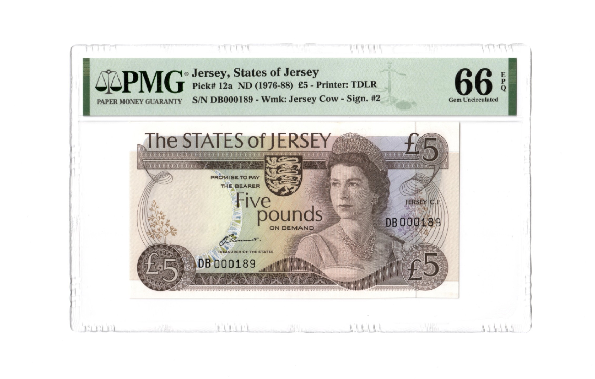 收藏联盟Quantum Auction 第261期拍卖  泽西群岛1976-88年5镑 PMG66 倒置百位号