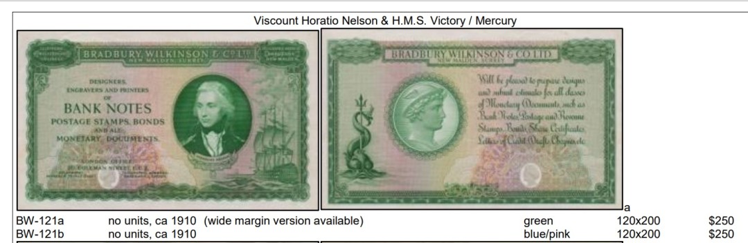 2026第7场（总第234期）：精品外钞、塑料钞、测试钞综合场  罕见 布拉德伯里威尔金森 早期大尺寸“海军上将—纳尔逊”测试钞UNC