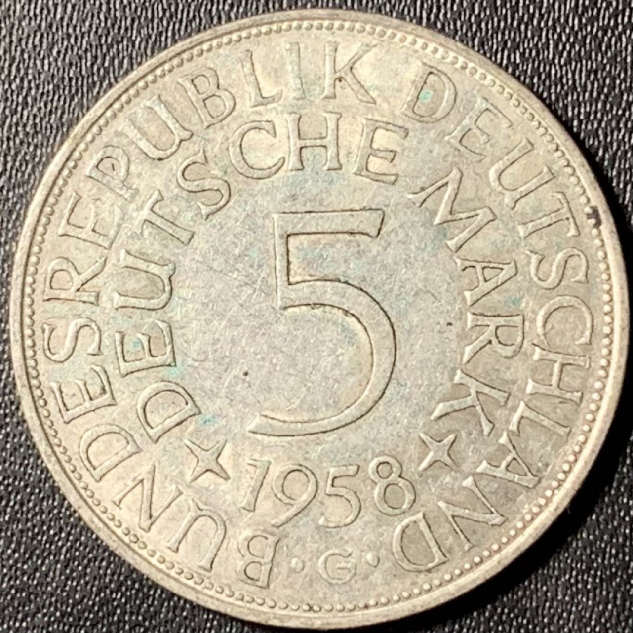 紫瑗钱币——第315期拍卖 联邦德国 1958年 G厂 流通 5马克 11.2 0.625银 少年份