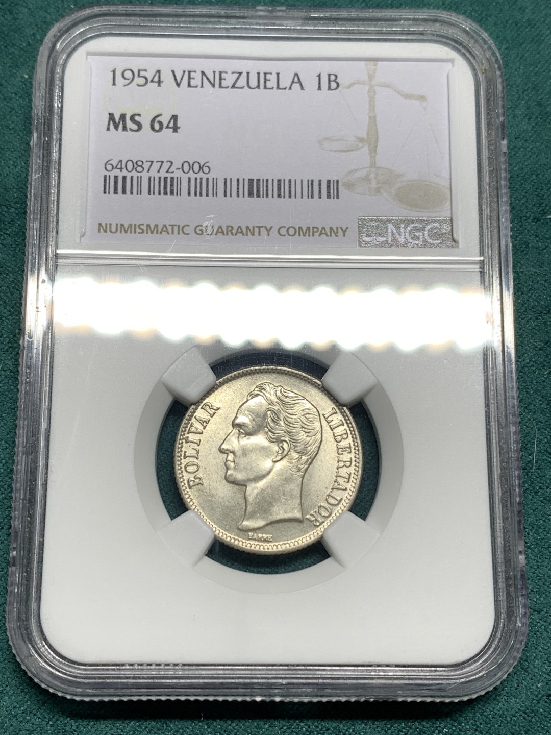 《竞宝斋》第167场-周日，周一，周四 3场 (全场包邮) NGC MS64 委内瑞拉 1954年 1玻利瓦尔 银币 人物非常好