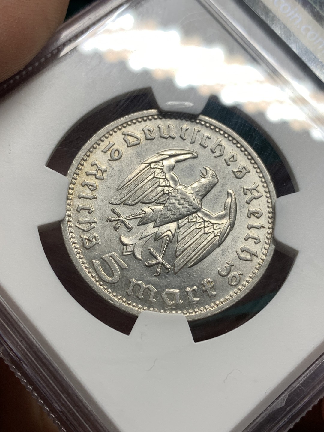 《竞宝斋》第167场-周日，周一，周四 3场 (全场包邮) NGC-MS62 德国 1936年D 兴登堡 鹰版 5马克 银币