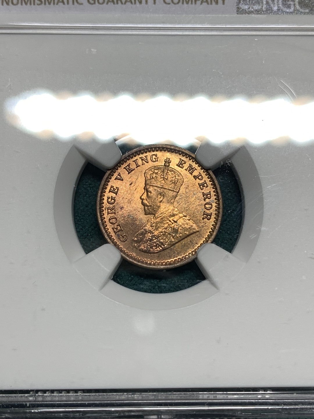 《竞宝斋》第167场-周日，周一，周四 3场 (全场包邮) NGC-MS65RB 英属印度 乔治五世 1917年 C版 1/12安娜 铜币 极品原光 完美铜币红光