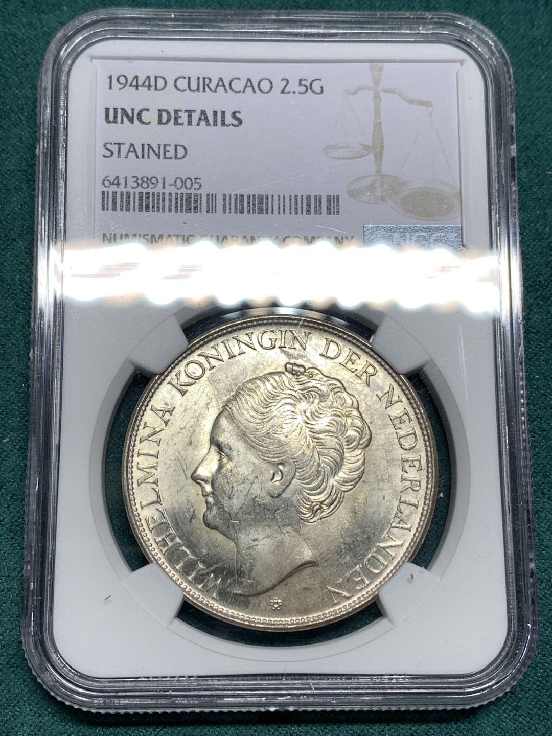 《竞宝斋》第167场-周日，周一，周四 3场 (全场包邮) NGC UNC 荷属库拉索 1944 威廉明娜 2.5G大银币