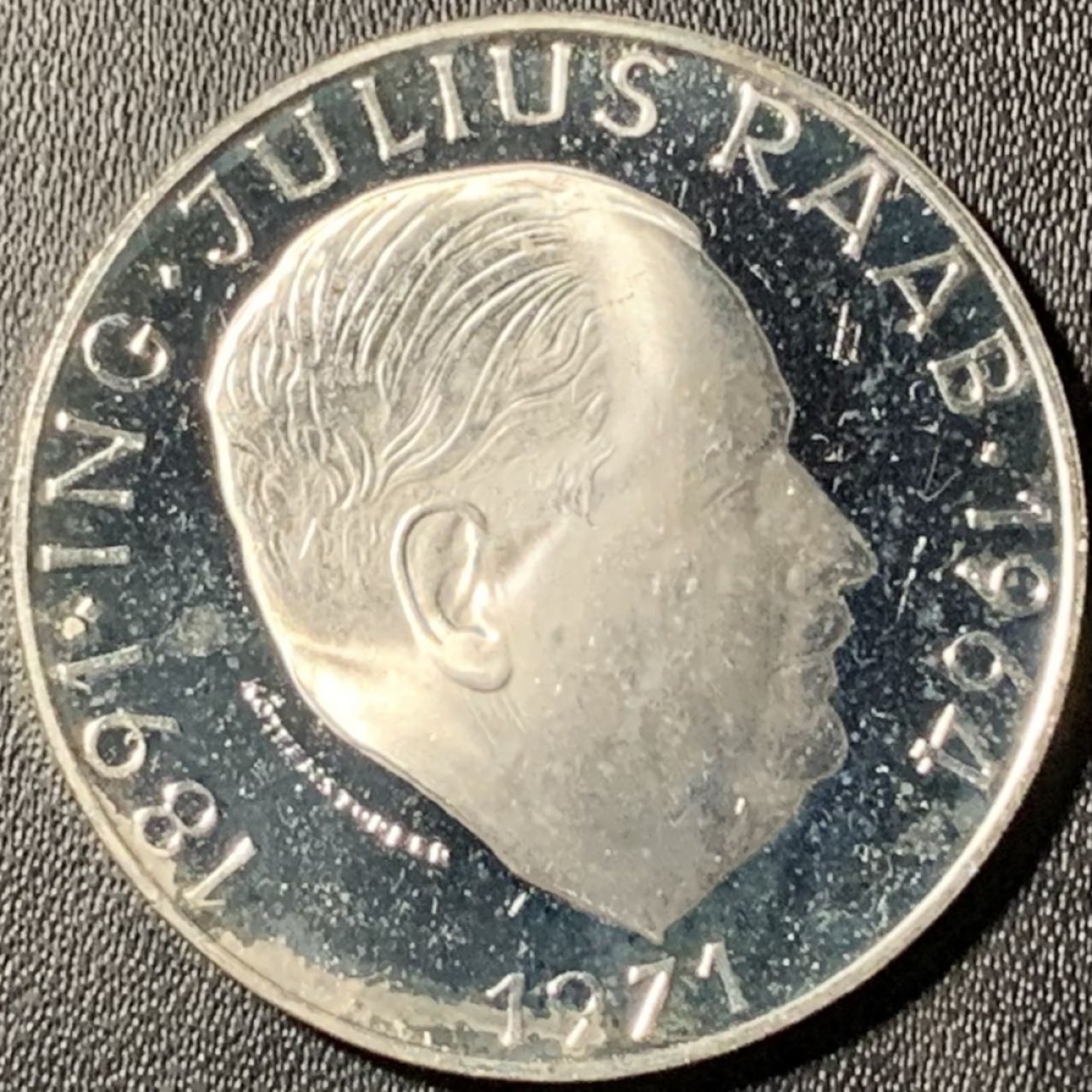 紫瑗钱币——第294期拍卖 奥地利 1971年 尤里乌斯·拉贝 诞辰80周年 50先令 20克 0.9银 精制