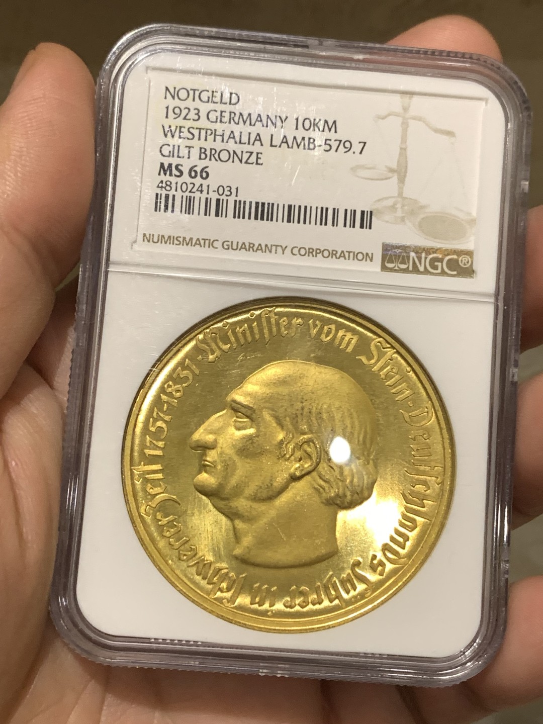 《竞宝斋》第167场-周日，周一，周四 3场 (全场包邮) NGC-MS66 德国 1923 威斯特法伦1万镀金马克 镀层非常完美 光度很好