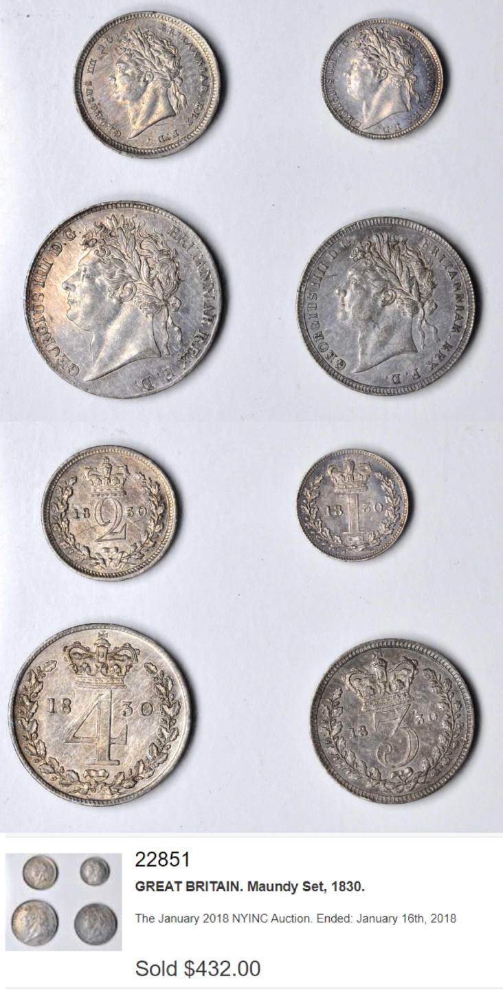 《竞宝斋》第167场-周日，周一，周四 3场 (全场包邮) NGC AU58-MS61 英国 1830年 乔治四世 濯足节银币 通体欧洲五彩包浆 低评状态 乔四在位仅9年 发行量比后面的濯足币少很多 全套有分不容易 参考2018年外拍一套状态稍逊的裸币成交432美元