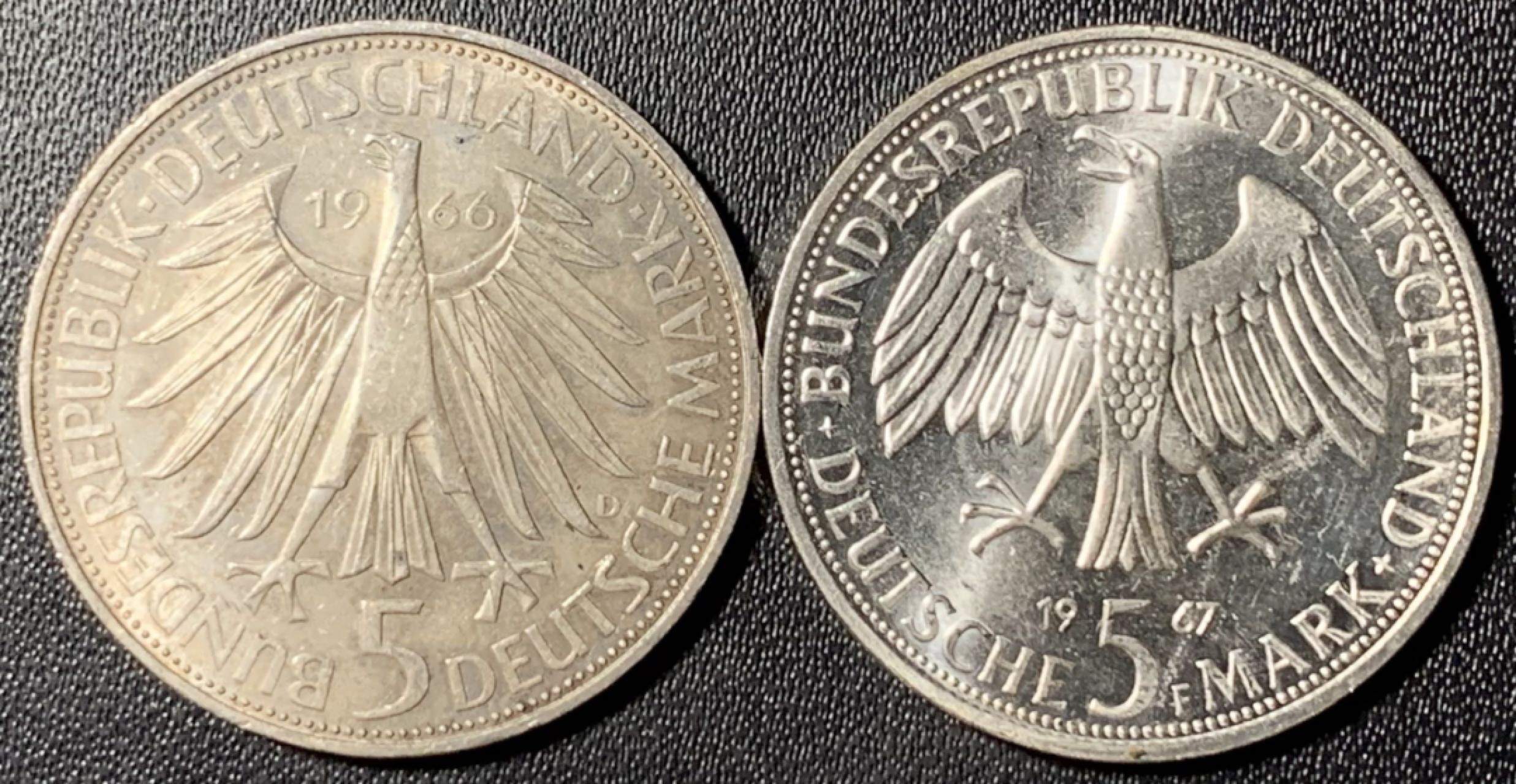 紫瑗钱币——第315期拍卖 联邦德国 1967年 F厂 洪堡兄弟 5马克 2枚一组 共22.4克 0.625银 UNC