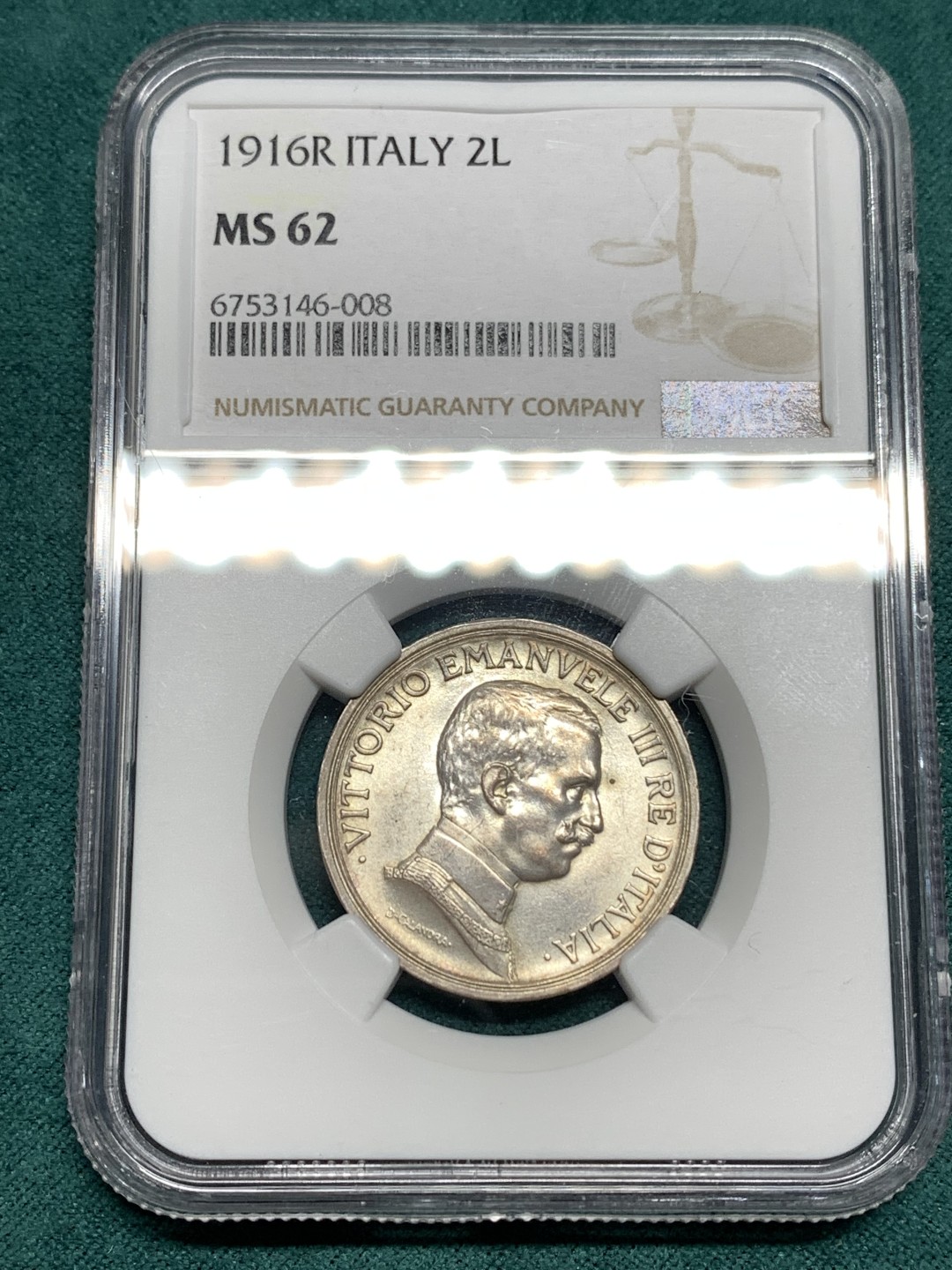 《竞宝斋》第167场-周日，周一，周四 3场 (全场包邮) NGC MS62 意大利1916年2里拉银币 人像耳廓清洗、马车高点聚在、女神胸甲双环、手持的盾纹也非常清晰，可冲63