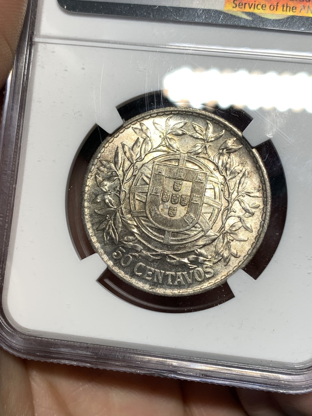 《竞宝斋》第167场-周日，周一，周四 3场 (全场包邮) NGC-MS64 葡萄牙1916年 自由女神半圆银币 顶级曝光品相 这品种63以上就少了