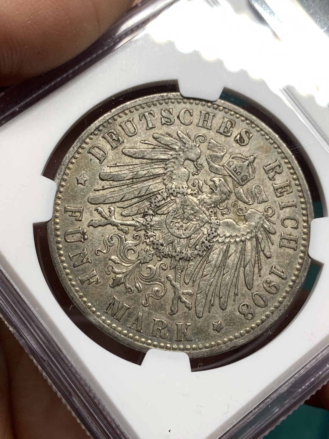 《竞宝斋》第167场-周日，周一，周四 3场 (全场包邮) NGC AU50 德国 1908年 威廉二世 5马克 银币 流通币 AU50不容易