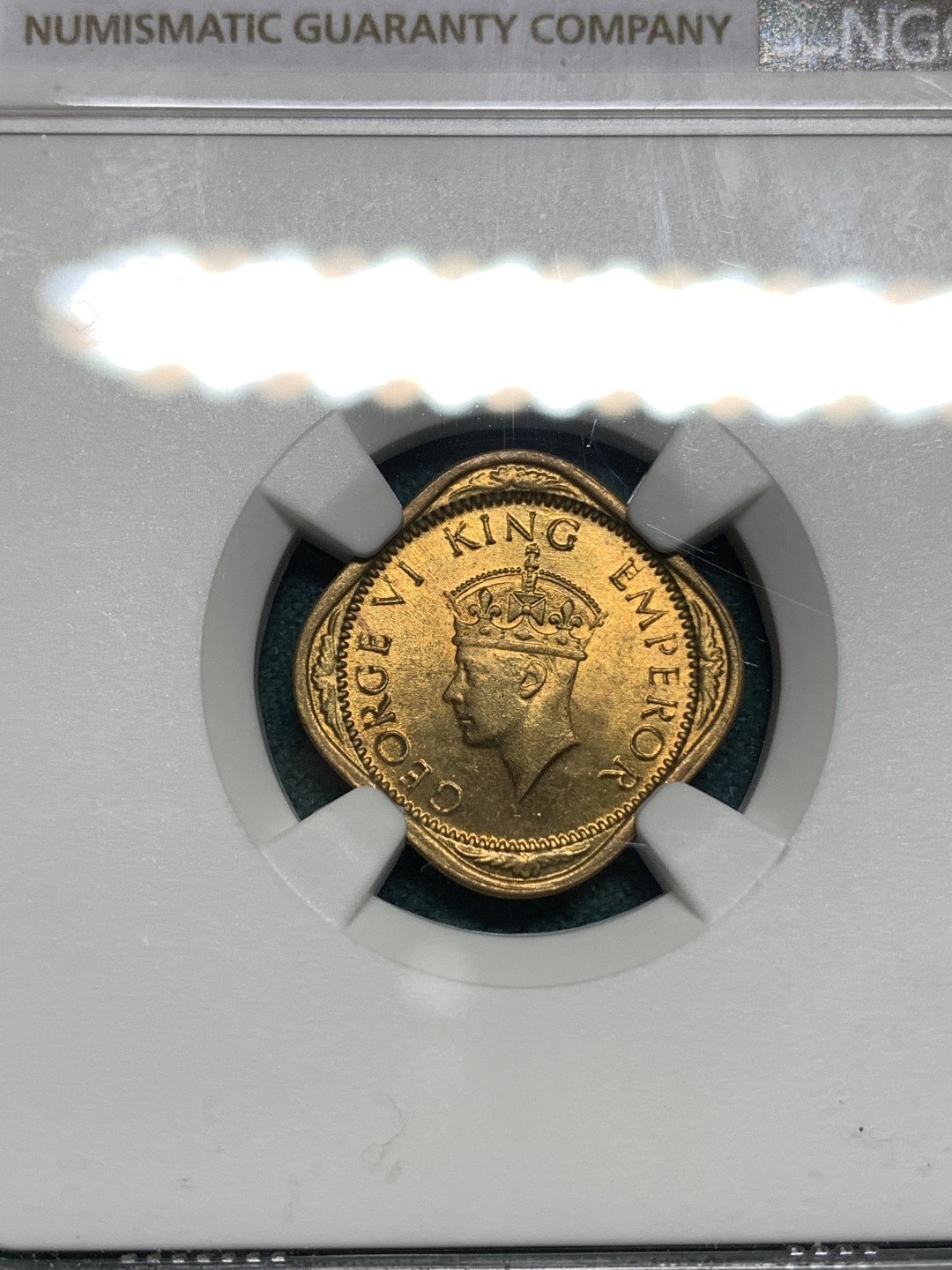 《竞宝斋》第167场-周日，周一，周四 3场 (全场包邮) NGC-MS65 英属印度 乔治六世 1942年B版 1/2安娜 铜币 极品原光 完美铜币黄光