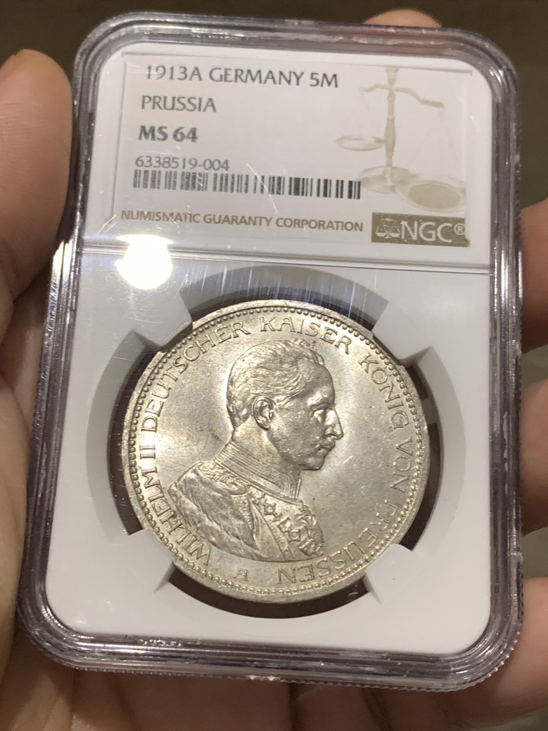 《竞宝斋》第167场-周日，周一，周四 3场 (全场包邮) NGC-MS64 德国 1913 普鲁士威廉二世执政25周年纪念5马克银币 威廉二世戎装5马克  底版镜面细节锐利 压印饱满