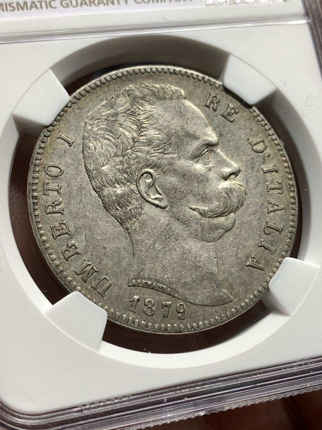 《竞宝斋》第167场-周日，周一，周四 3场 (全场包邮) NGC-AU50 意大利1879年 翁贝托5里拉大银币 老包浆 难得50分