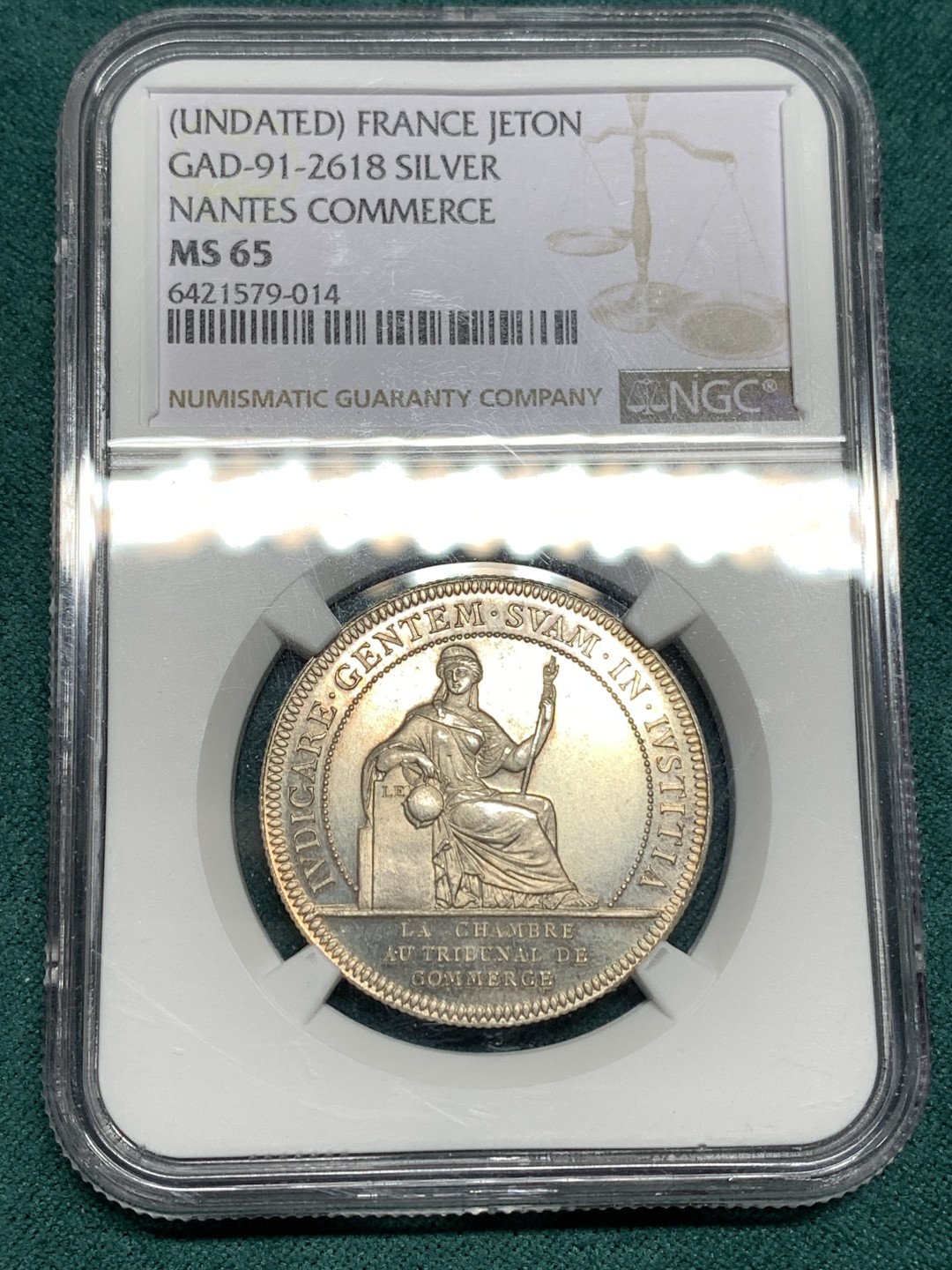 《竞宝斋》第167场-周日，周一，周四 3场 (全场包邮) NGC MS65 19世纪法国南特商会女神银章代用币 顶级品相状态