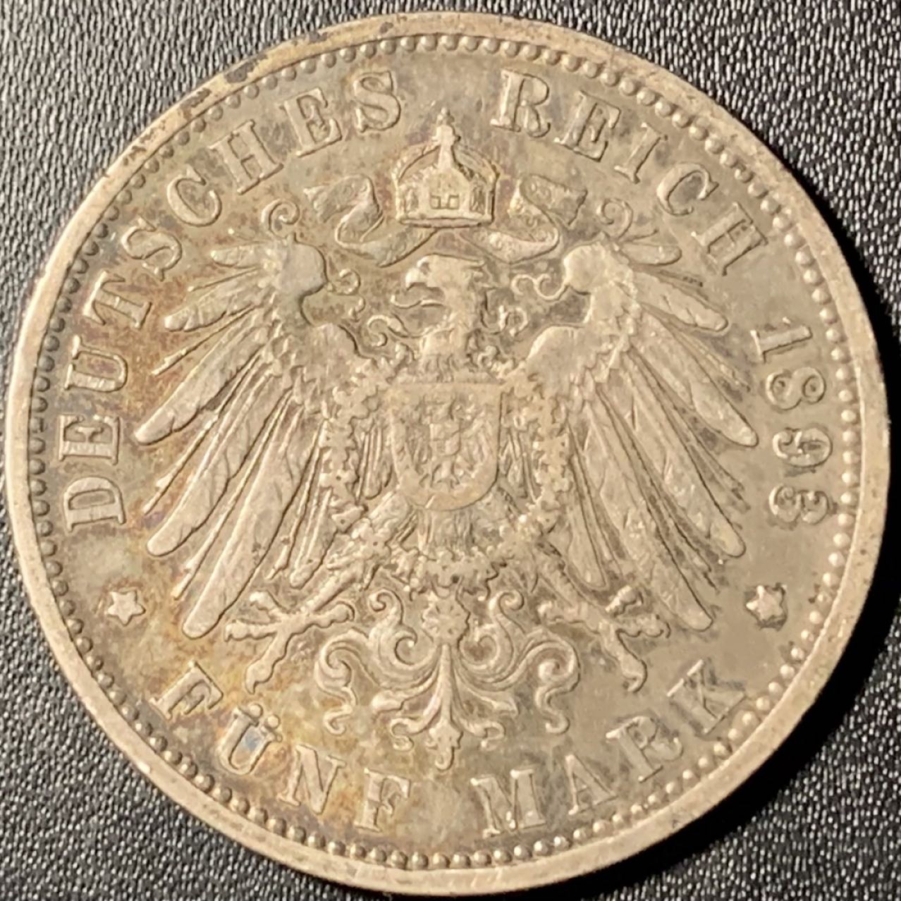 紫瑗钱币——第315期拍卖 德国 普鲁士 1893年 A版 威廉二世 长翅 5马克 27.78克 0.9银 原味包浆