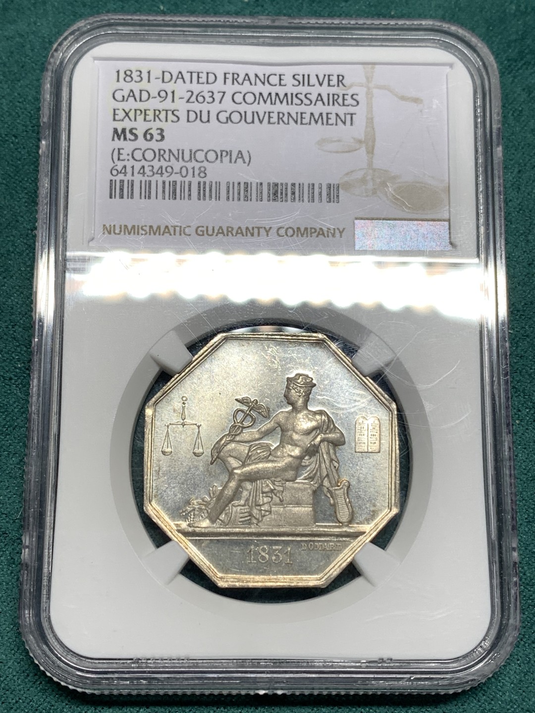 《竞宝斋》第167场-周日，周一，周四 3场 (全场包邮) NGC MS63 1831年法国商业墨丘利八角银质代用币 难得MS好品好状态