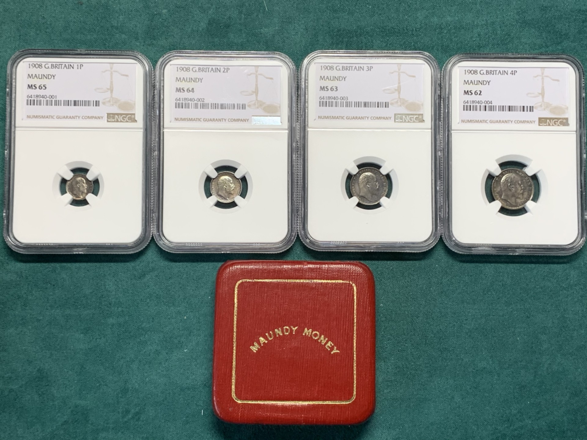 《竞宝斋》第167场-周日，周一，周四 3场 (全场包邮) 1908年 英国濯足银币NGC一套4枚，带原盒。1P MS65，2P MS64，3P MS63，4P MS62