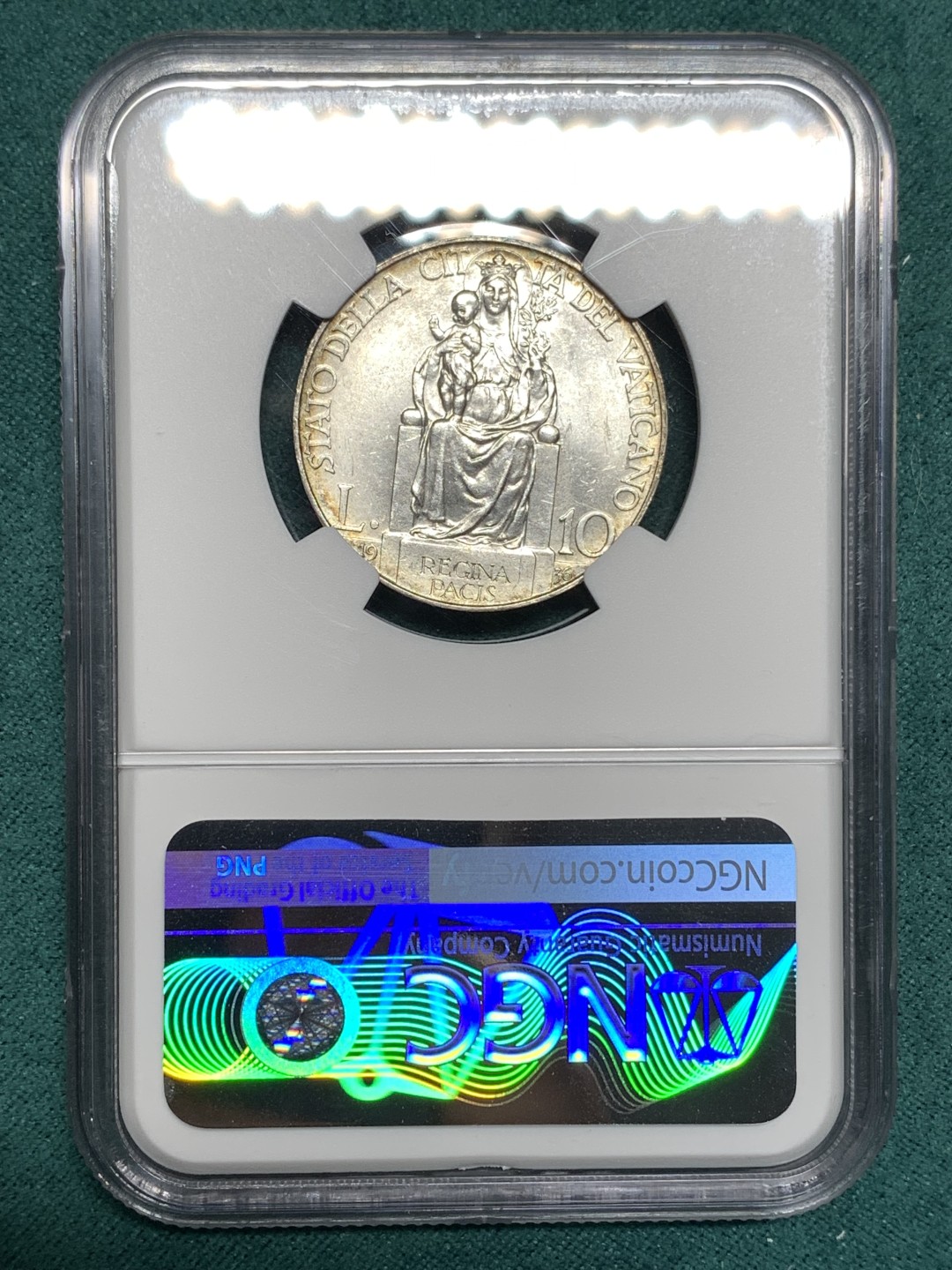 《竞宝斋》第167场-周日，周一，周四 3场 (全场包邮) NGC MS63，梵蒂冈1936年10里拉。梵蒂冈主币，带少许环彩。年底上海评，给分略有保守