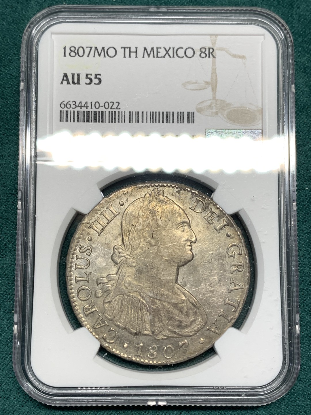 《竞宝斋》第167场-周日，周一，周四 3场 (全场包邮) NGC AU55 墨西哥 1807年 卡四 双柱 大银币 正反深打 底光充分很不错