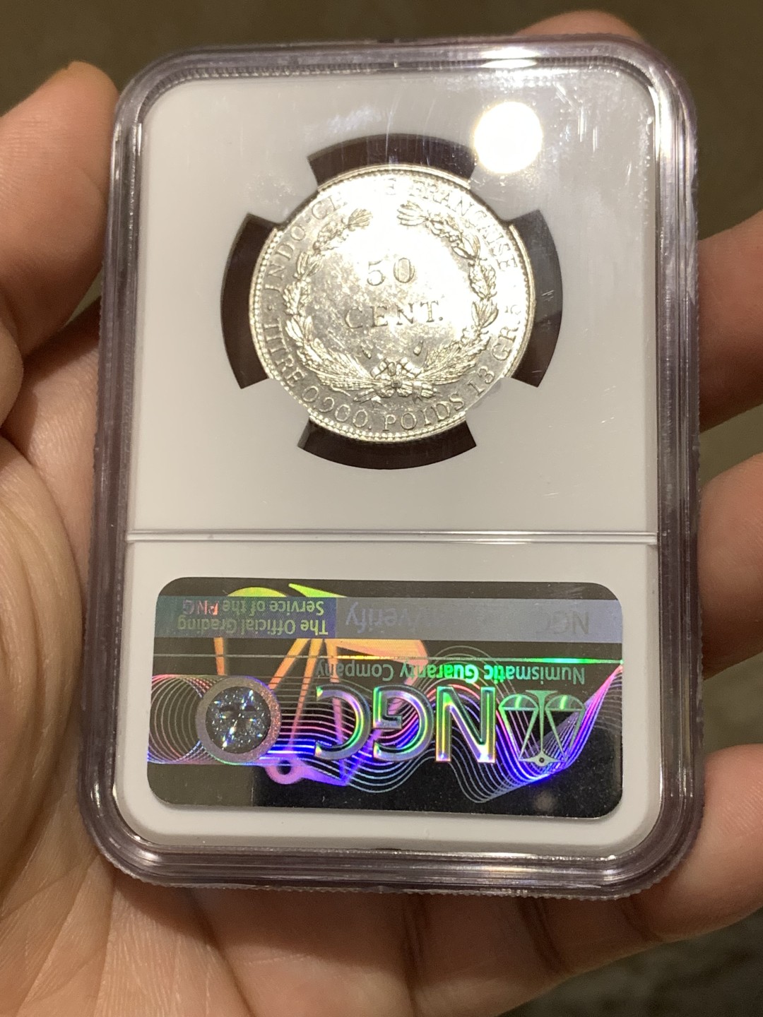 《竞宝斋》第167场-周日，周一，周四 3场 (全场包邮) NGC-MS62 法属印支 1936年 50分 银币 高浮雕 转光十足 PL底板