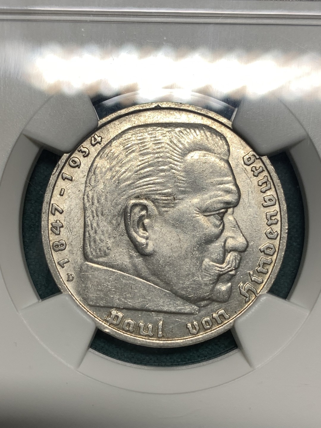 《竞宝斋》第167场-周日，周一，周四 3场 (全场包邮) NGC-MS62 德国 1936年D 兴登堡 鹰版 5马克 银币