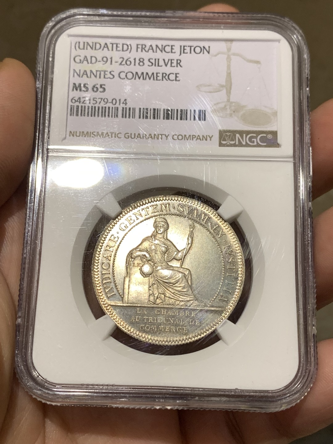 《竞宝斋》第167场-周日，周一，周四 3场 (全场包邮) NGC MS65 19世纪法国南特商会女神银章代用币 顶级品相状态