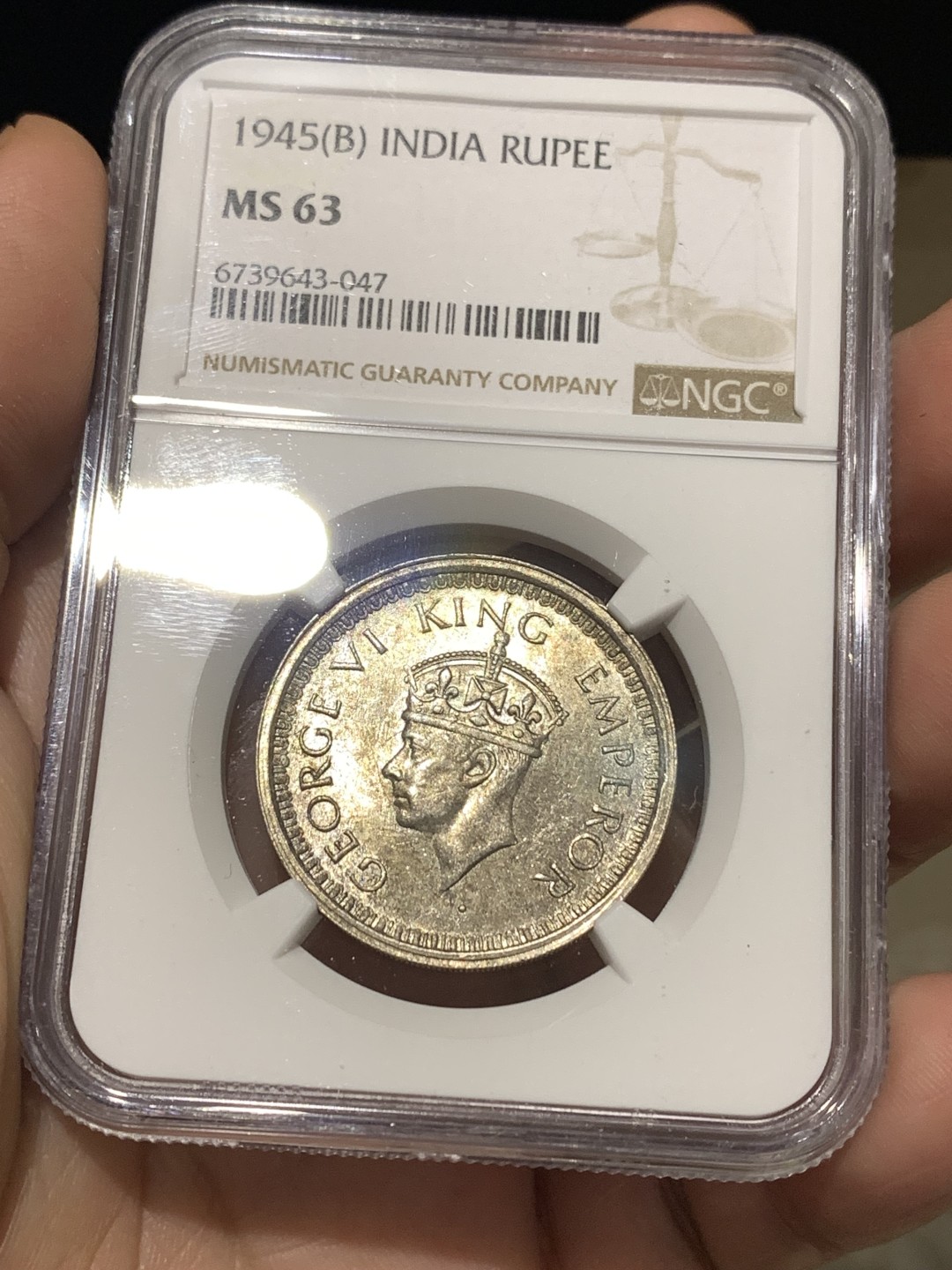 《竞宝斋》第167场-周日，周一，周四 3场 (全场包邮) NGC MS63 英属印度 1945年B版 乔治六世 1卢比银币 阴阳彩 光度一流 亚军分数 更高分仅1枚