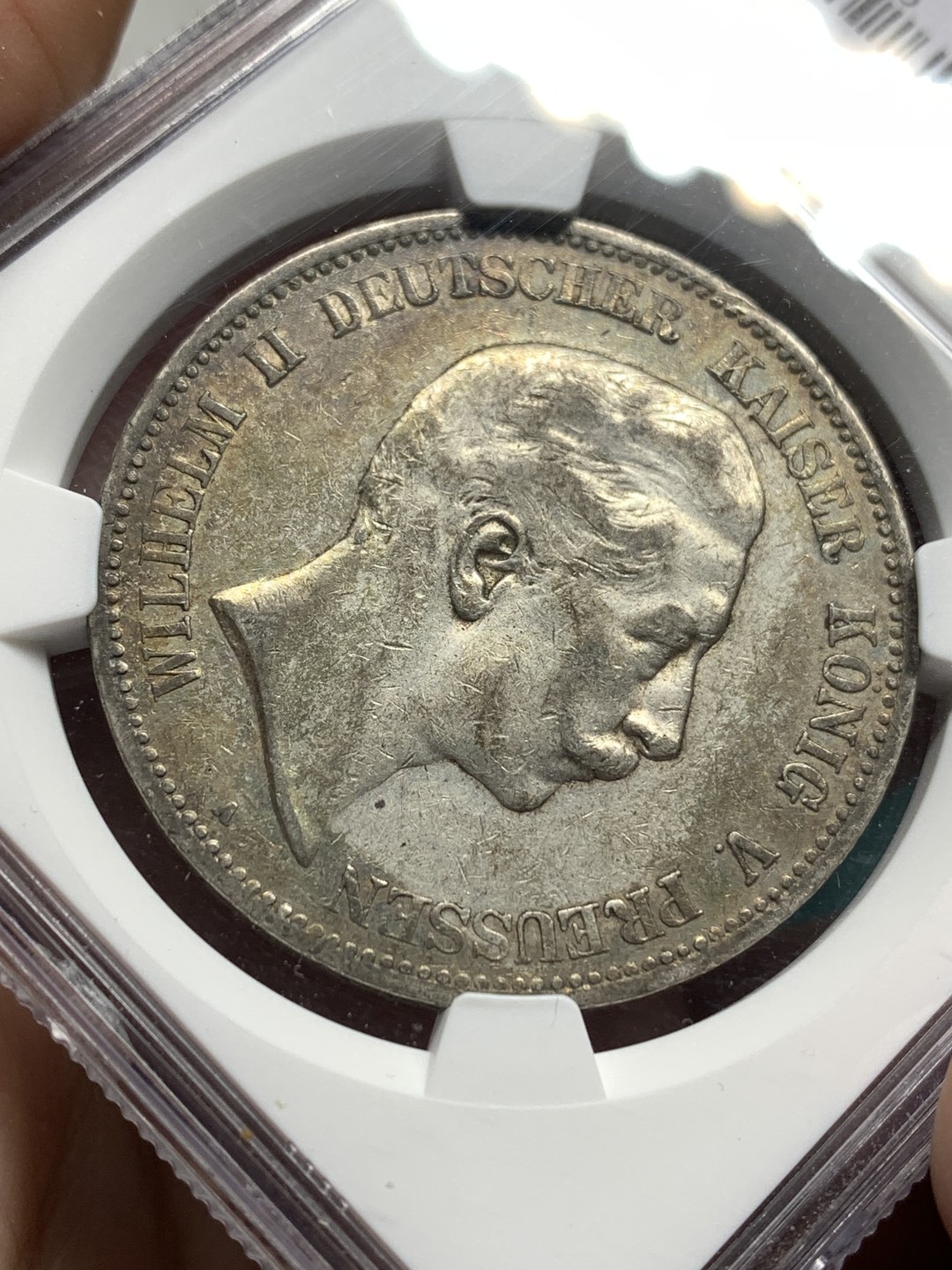 《竞宝斋》第167场-周日，周一，周四 3场 (全场包邮) NGC AU50 德国 1908年 威廉二世 5马克 银币 流通币 AU50不容易