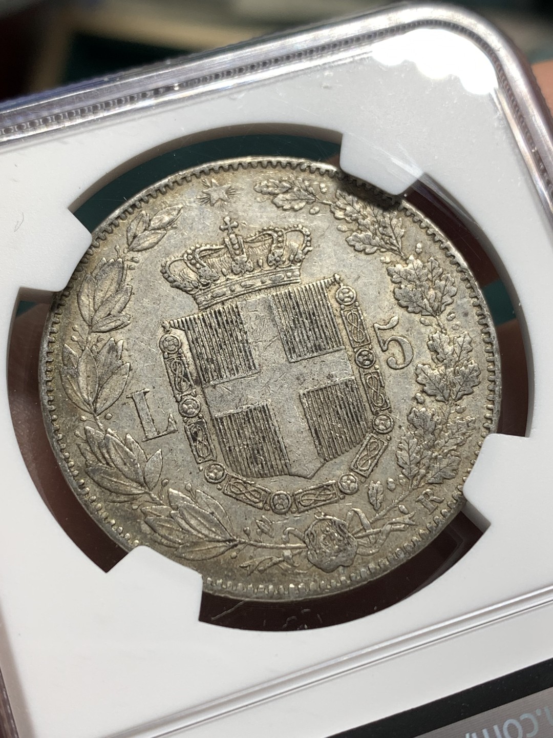 《竞宝斋》第167场-周日，周一，周四 3场 (全场包邮) NGC-AU50 意大利1879年 翁贝托5里拉大银币 老包浆 难得50分