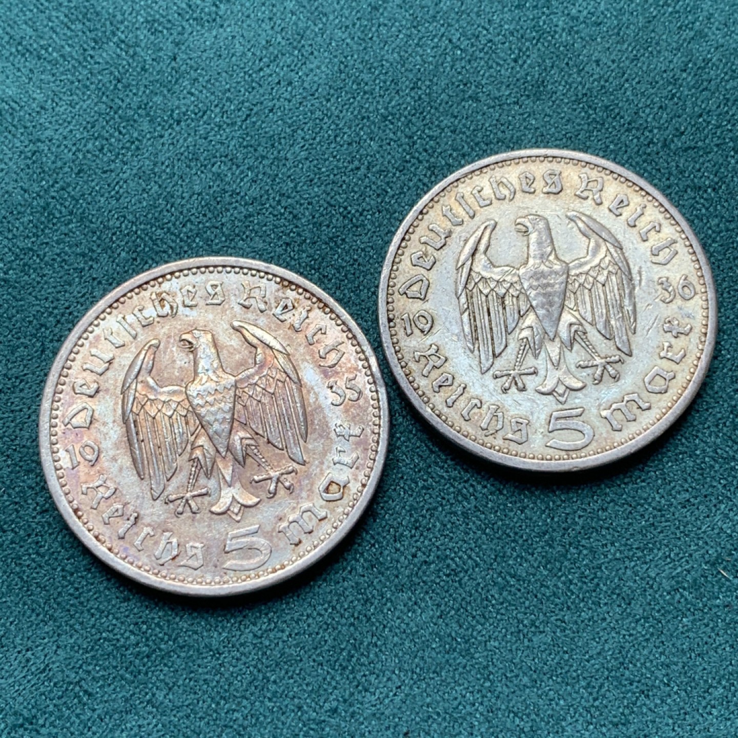 《竞宝斋》第167场-周日，周一，周四 3场 (全场包邮) 德国 第三帝国 兴登堡5马克 银币两枚一组