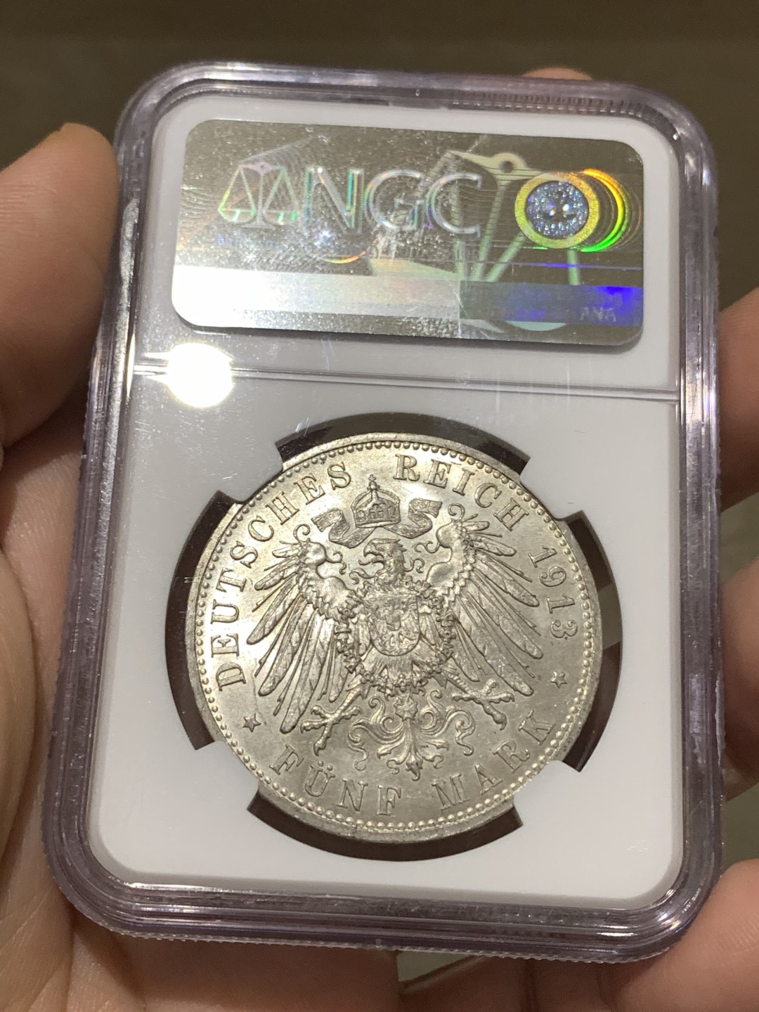 《竞宝斋》第167场-周日，周一，周四 3场 (全场包邮) NGC-MS64 德国 1913 普鲁士威廉二世执政25周年纪念5马克银币 威廉二世戎装5马克  底版镜面细节锐利 压印饱满